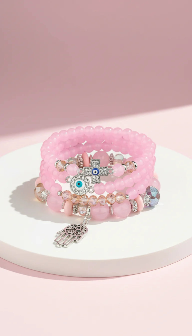 Evil Eye & Hamsa Silver Charm Ceramic Beaded Bracelet Set