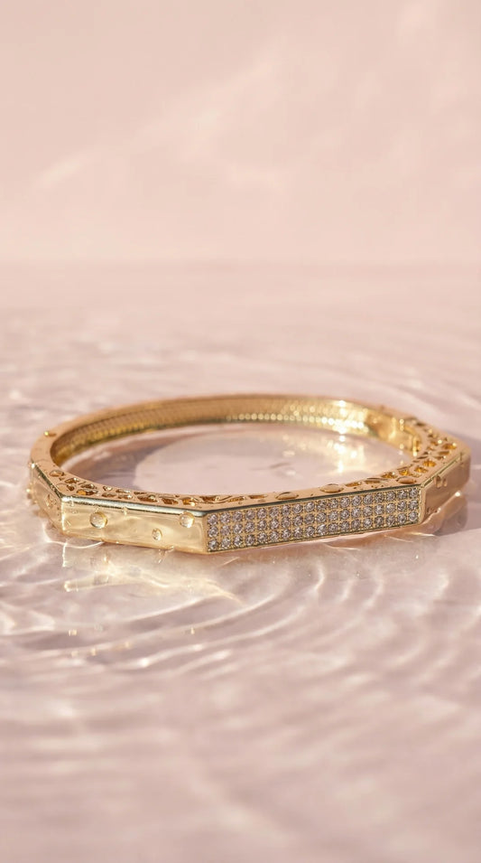 Faceted Crystal Inlaid Stainless Steel Gold Plated Hinged Bangle