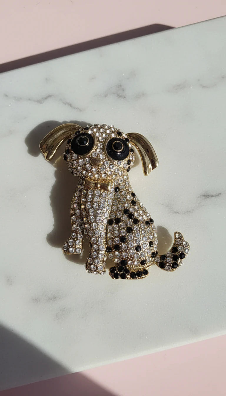 Crystal Puppy Dog & Bow Tie Oversized Statement Brooch Pin