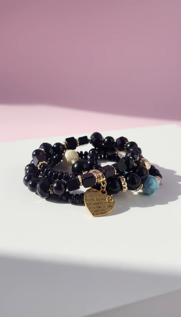 Evil Eye & Heart Charm Ceramic Beaded Bracelet Set