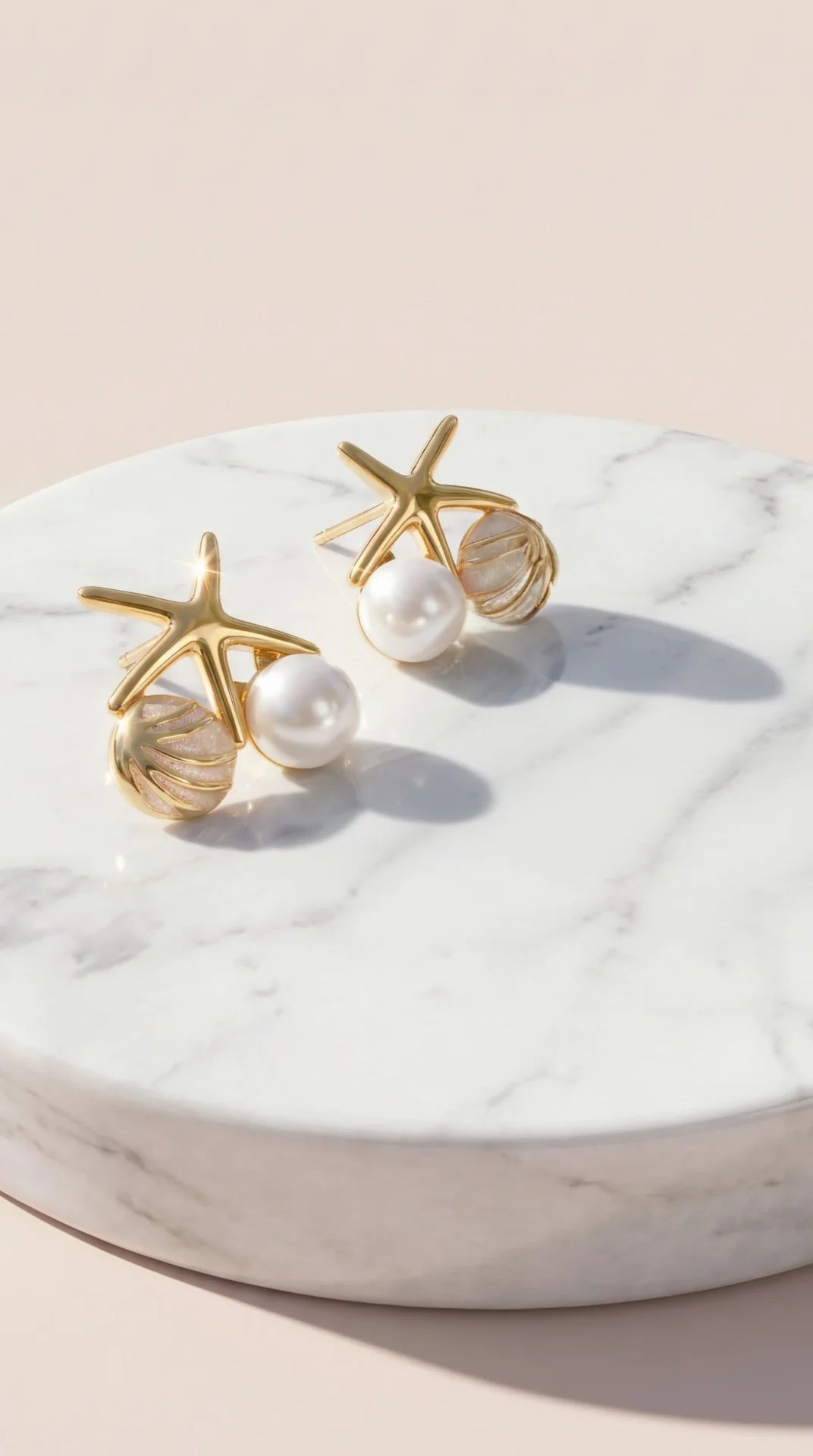 Starfish & Seashell Gold Plated Pearl Stud Earrings