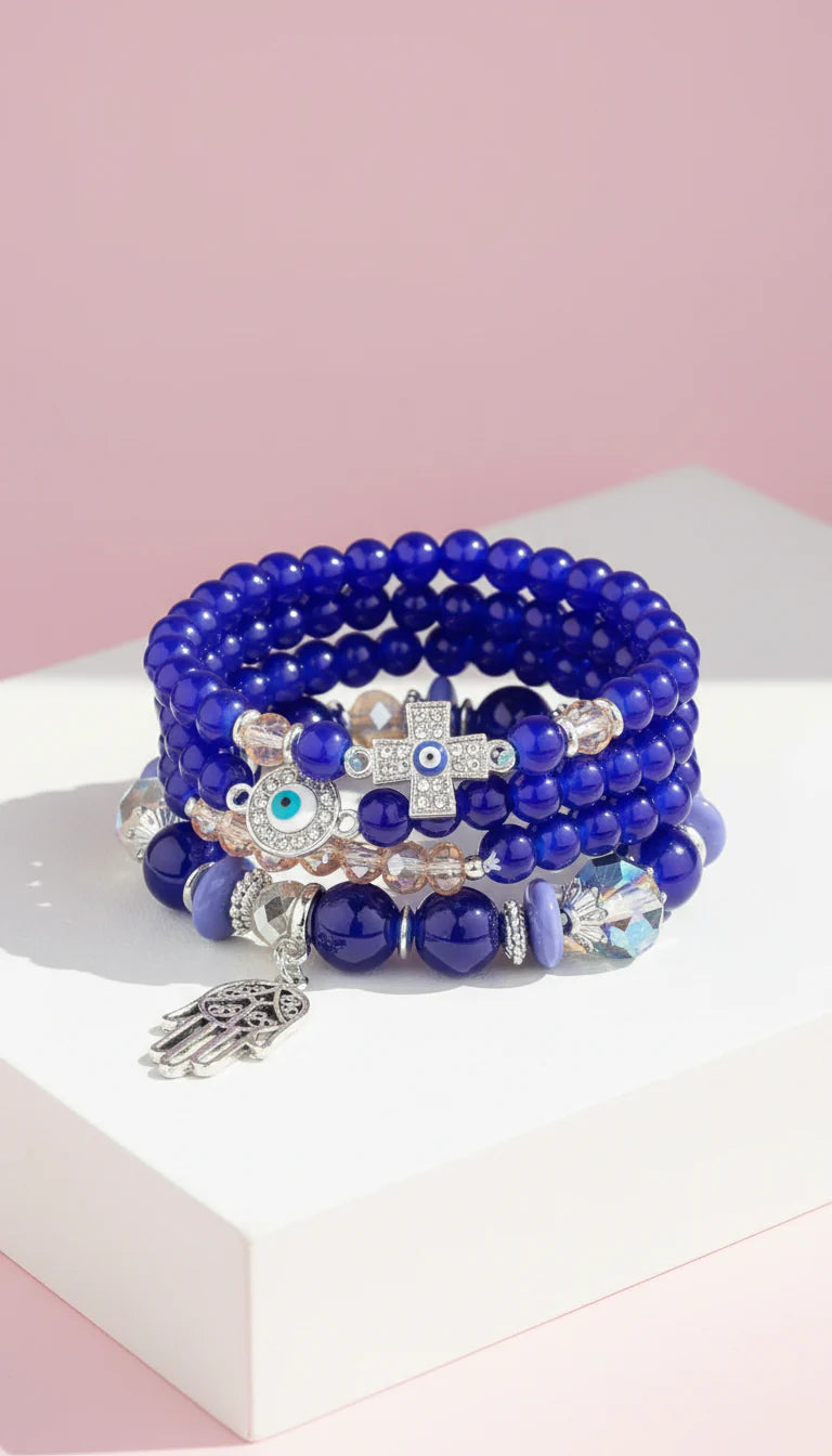 Evil Eye & Hamsa Silver Charm Ceramic Beaded Bracelet Set