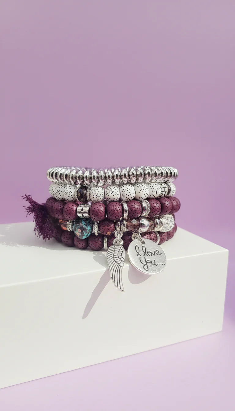 Wings & Tassel Ceramic Charm Beaded Bracelet Set