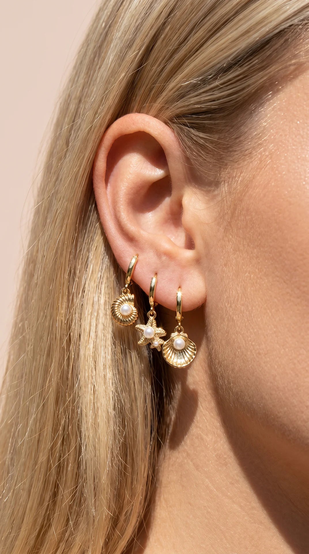6 Pieces Crystal Starfish & Sea Shell Gold Plated Huggie Hoop Earrings