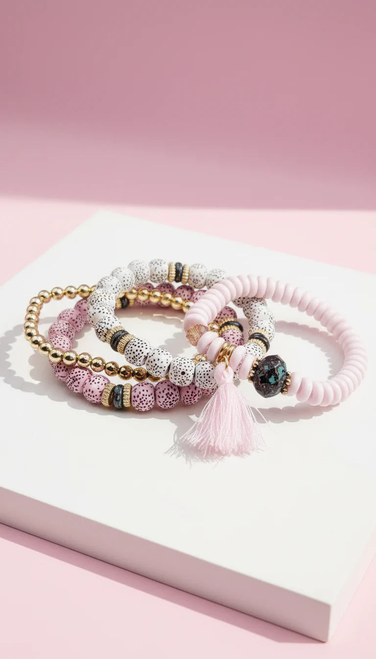 Tassel & Hamsa Charm Ceramic Beaded Bracelet Set