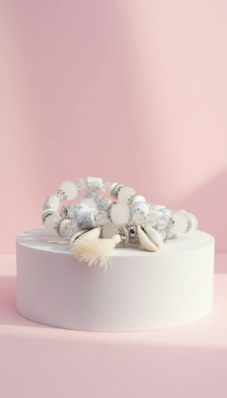 Shell & Tassel Charm Ceramic Beaded Bracelet Set