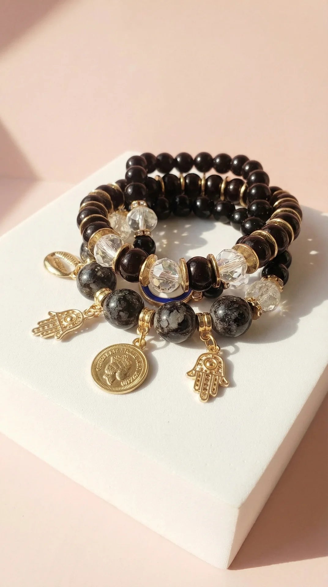 Evil Eye Charm Ceramic Beaded Bracelet Set
