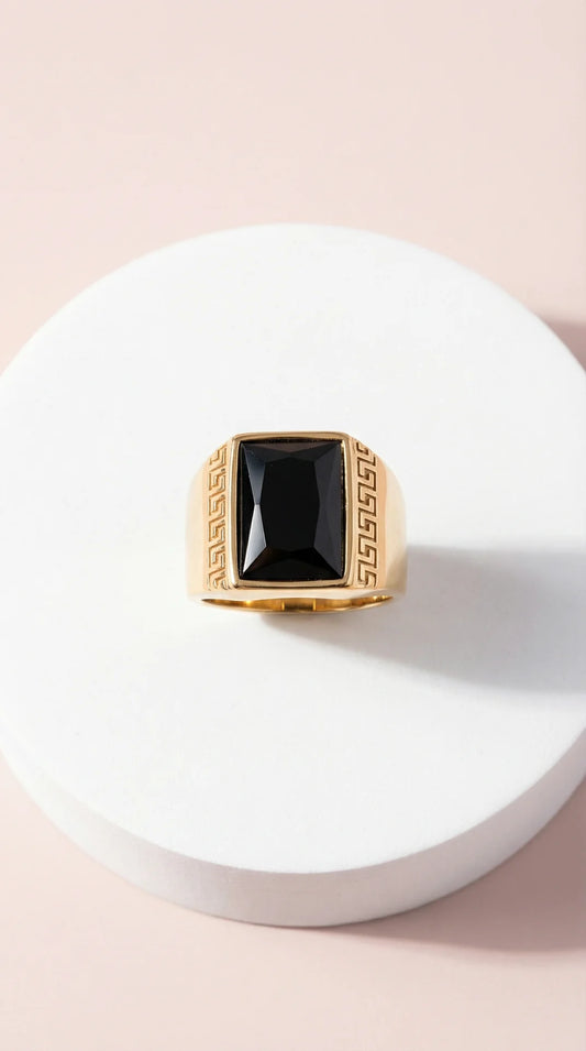 Stainless Steel Men's Greek Key Black Stone Signet Ring
