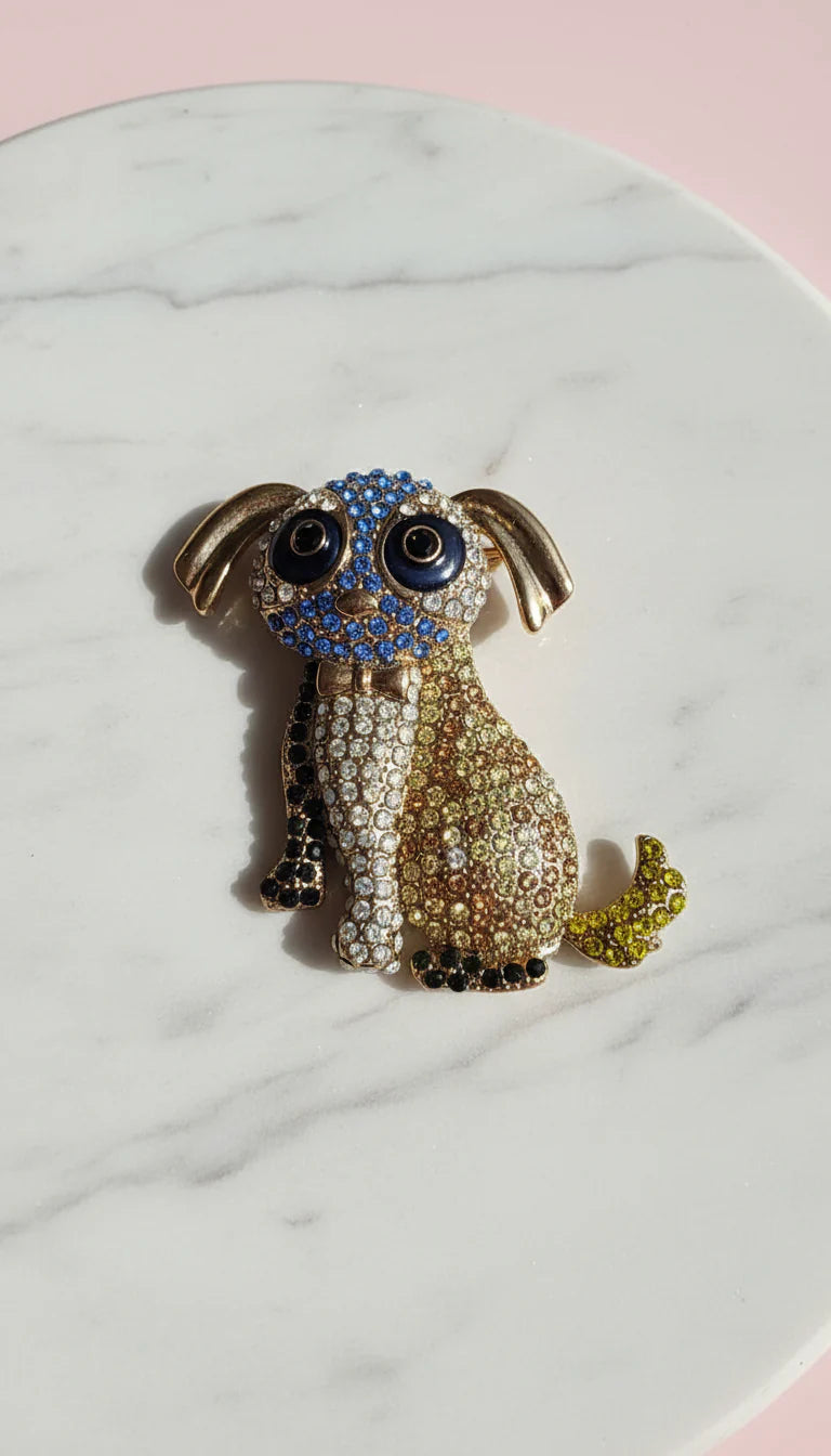 Crystal Puppy Dog & Bow Tie Oversized Statement Brooch Pin