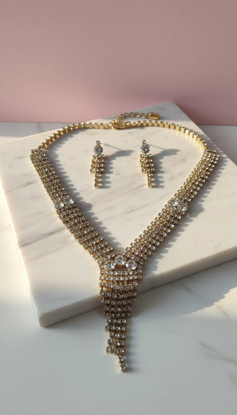 Tassel Statement Crystal Necklace & Earrings Set