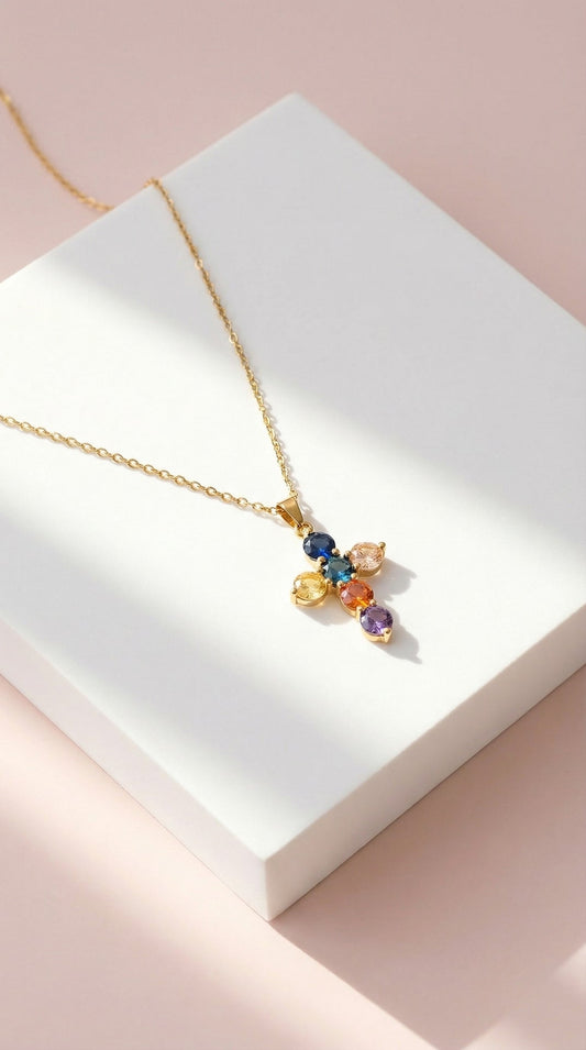 Waterproof Chunky Rainbow Crystal Cross Stainless Steel Necklace