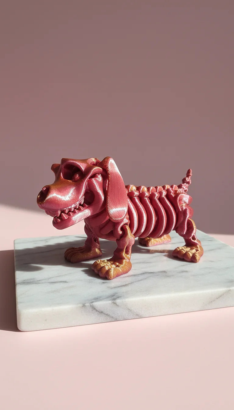 3D Printed Articulated Fantasy Skelton Sausage Dog Figurine: Bioplastic