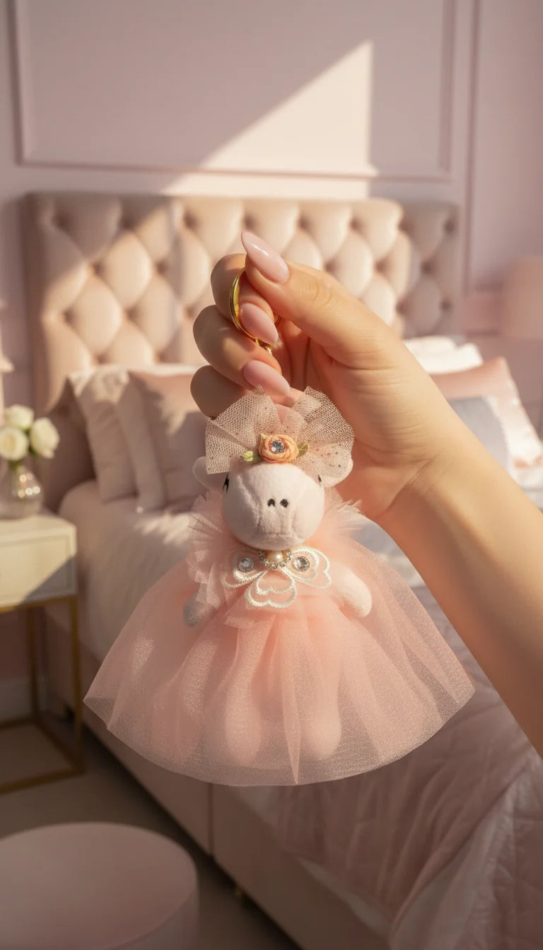 Small unicorn plush keychain with a pink skirt held in front of a bedroom setting