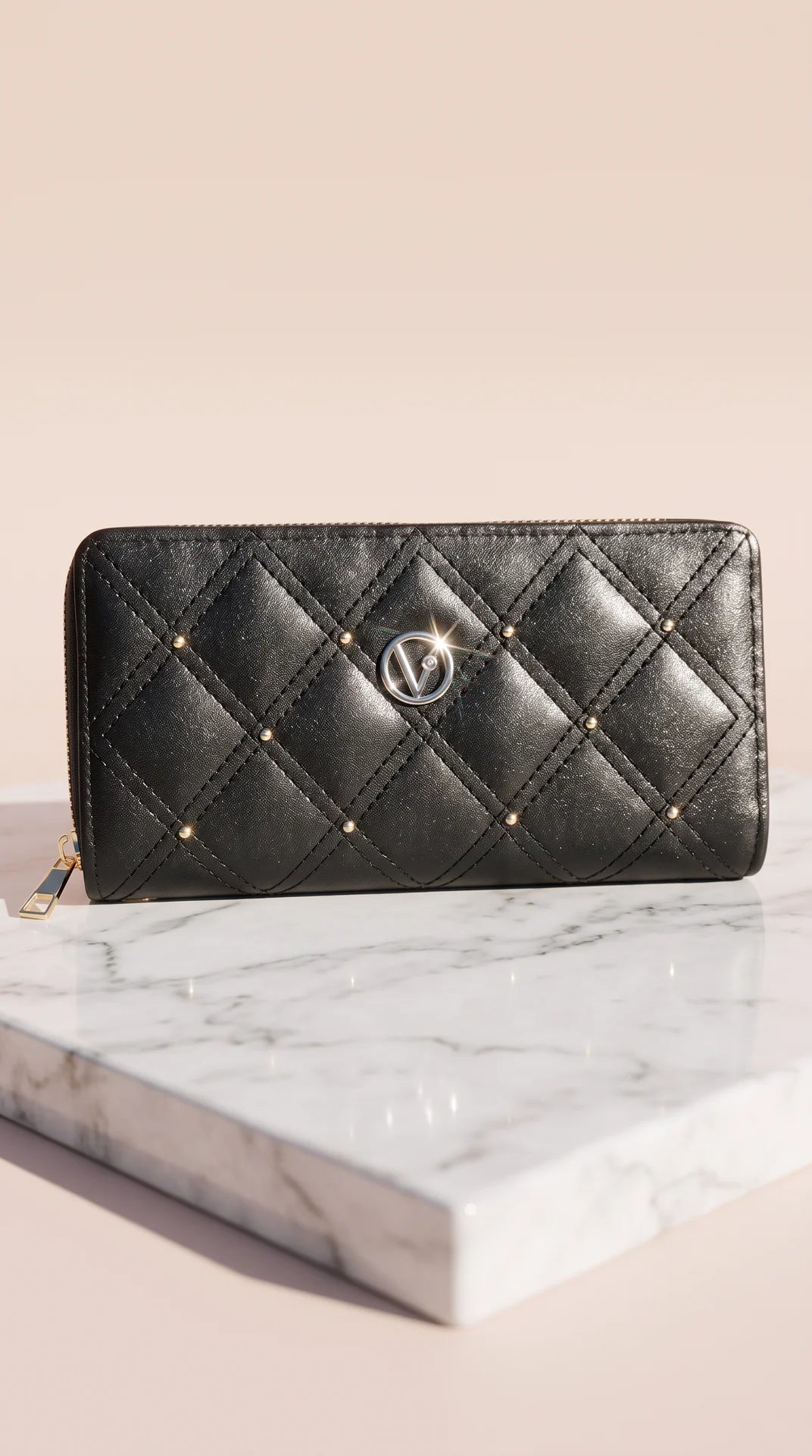 Quilted Studded Continental Zip-Around Wallet