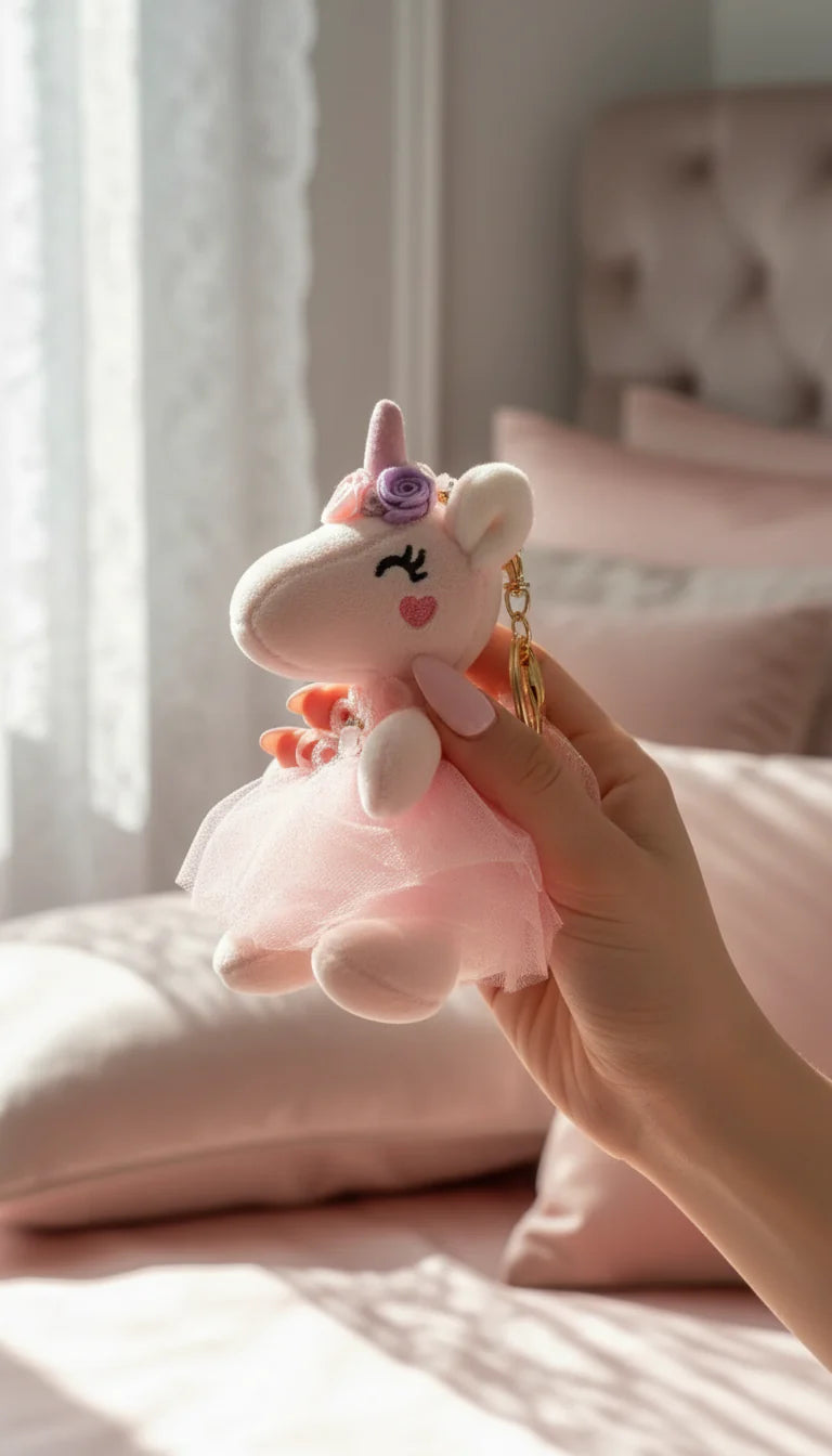 Unicorn plush keychain held by a hand in a bedroom setting