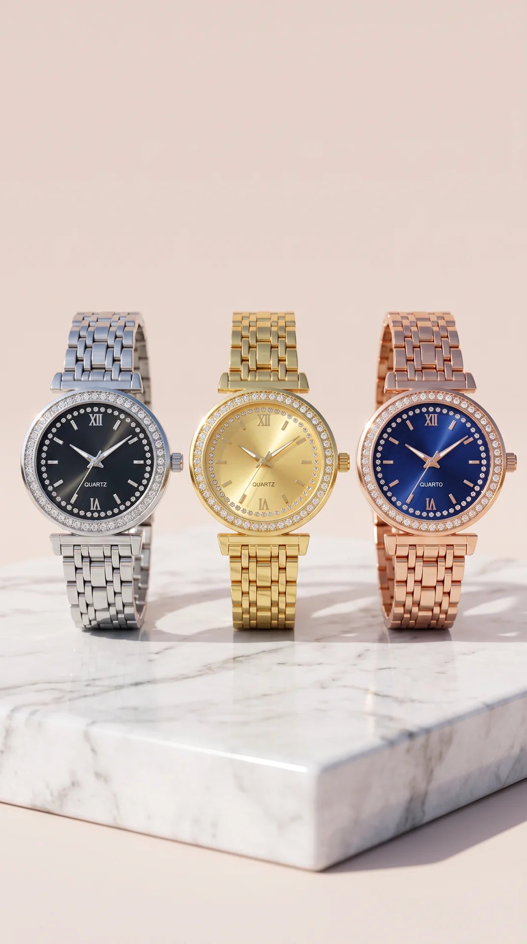Crystal Bezel Quartz Watch – Classic Metal Link Strap