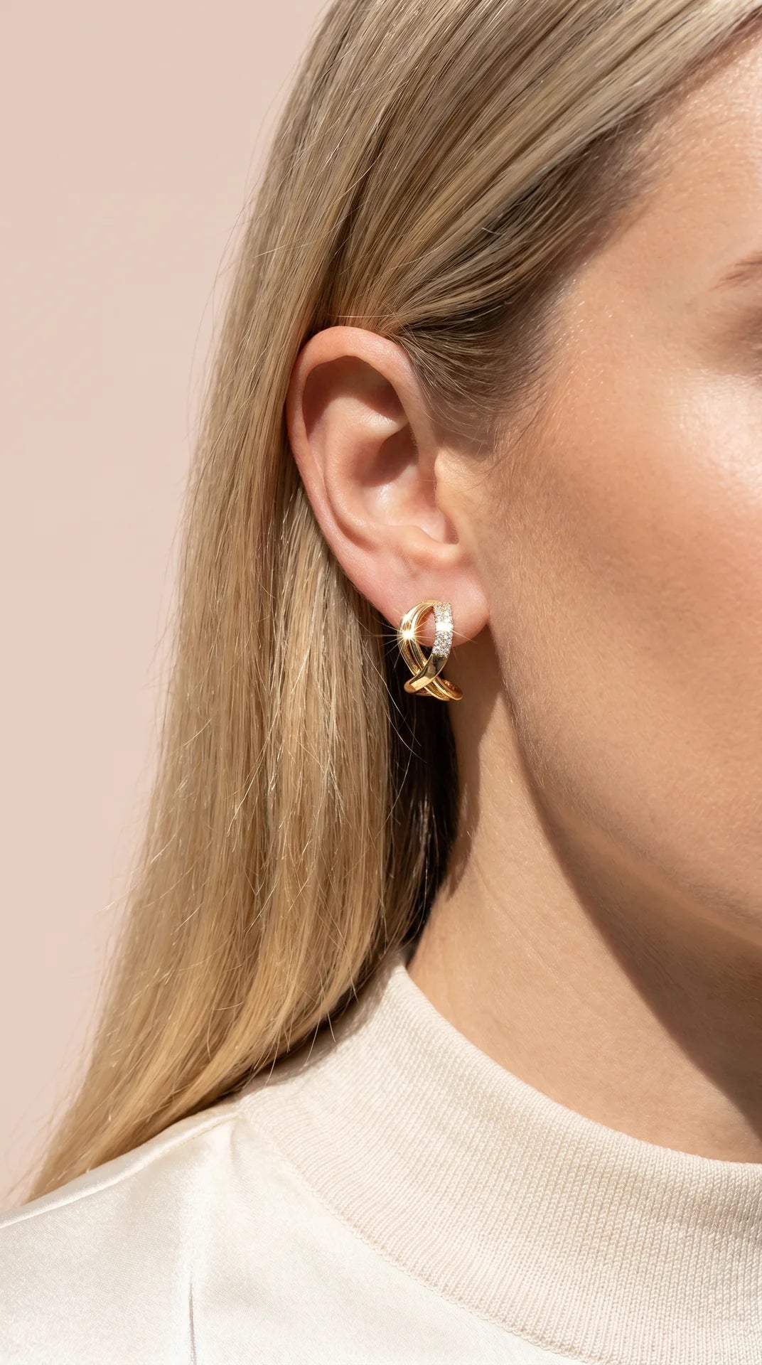 Criss Cross Crystal Huggie Gold Plated Earrings