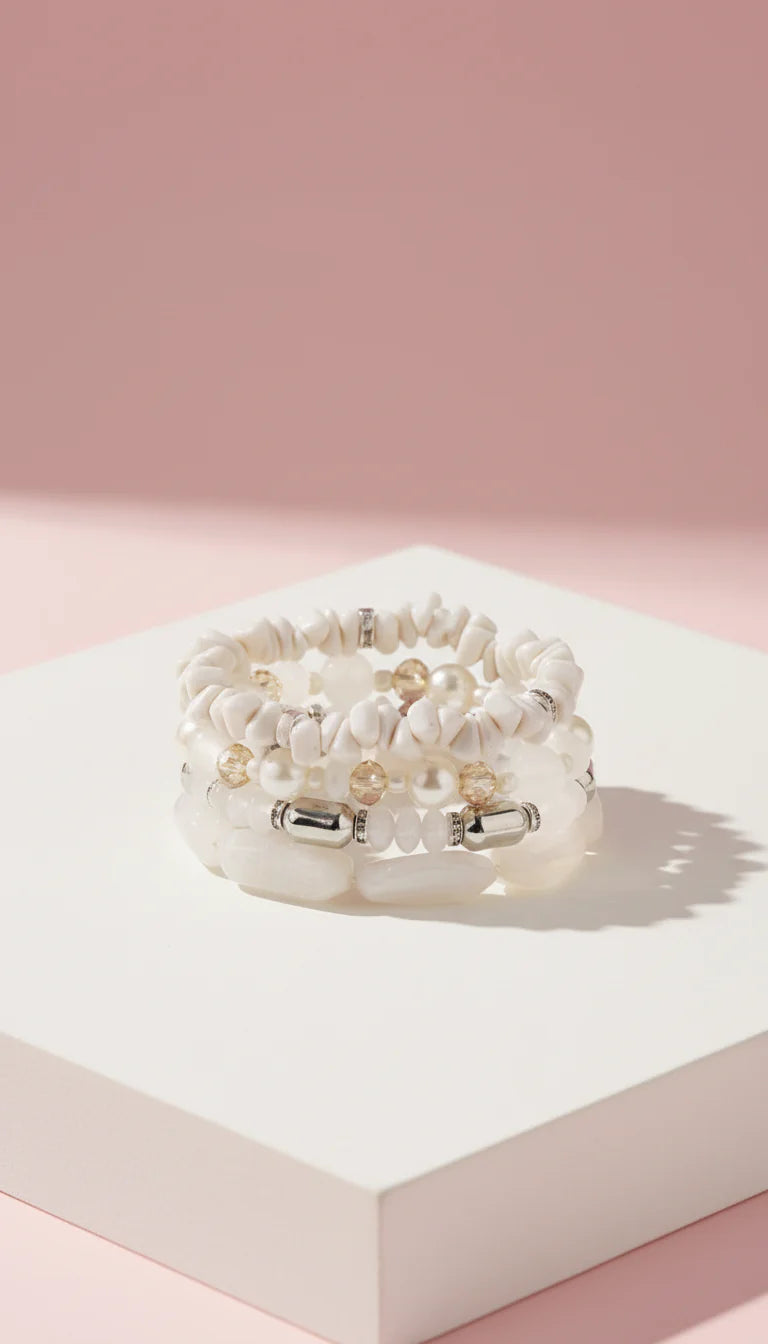 Silver Pearl Ceramic Beaded Bracelet Set