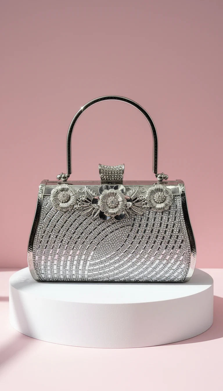 Floral Decor Curved Crystal Clutch Bag