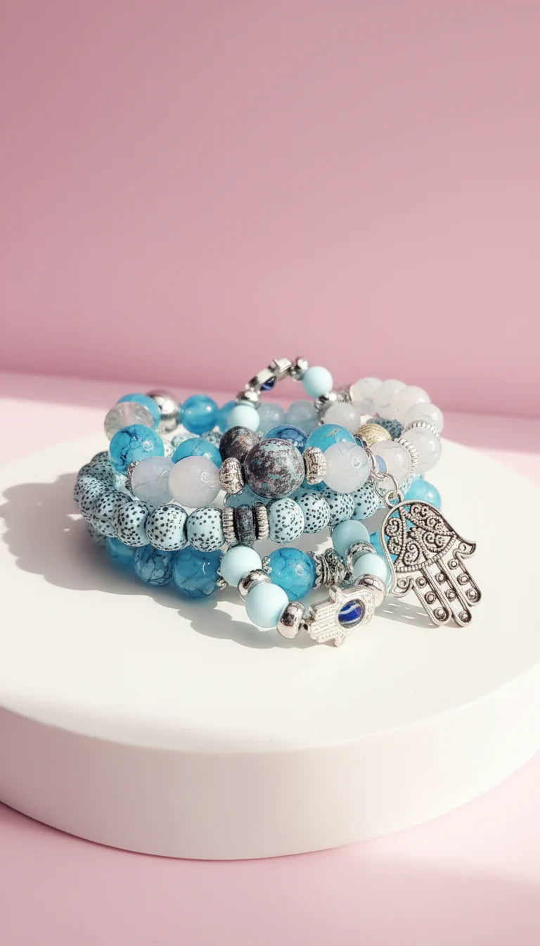 Silver Hamsa Charm Ceramic Beaded Bracelet Set