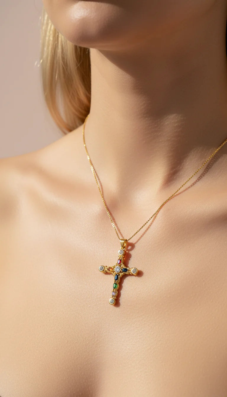 Rainbow Crystal Cross Symbolic Pendant Necklace