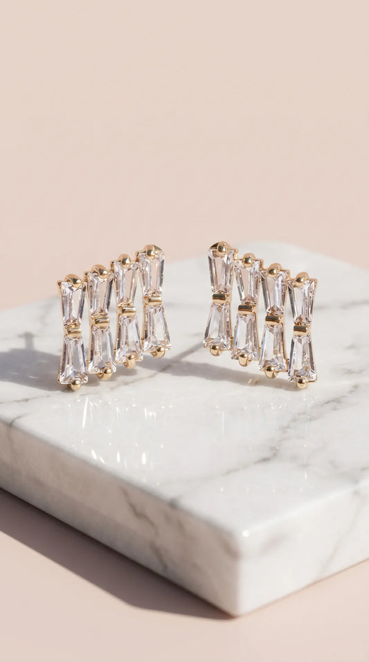 Baguette Cut Gold Plated Crystal Stud Earrings