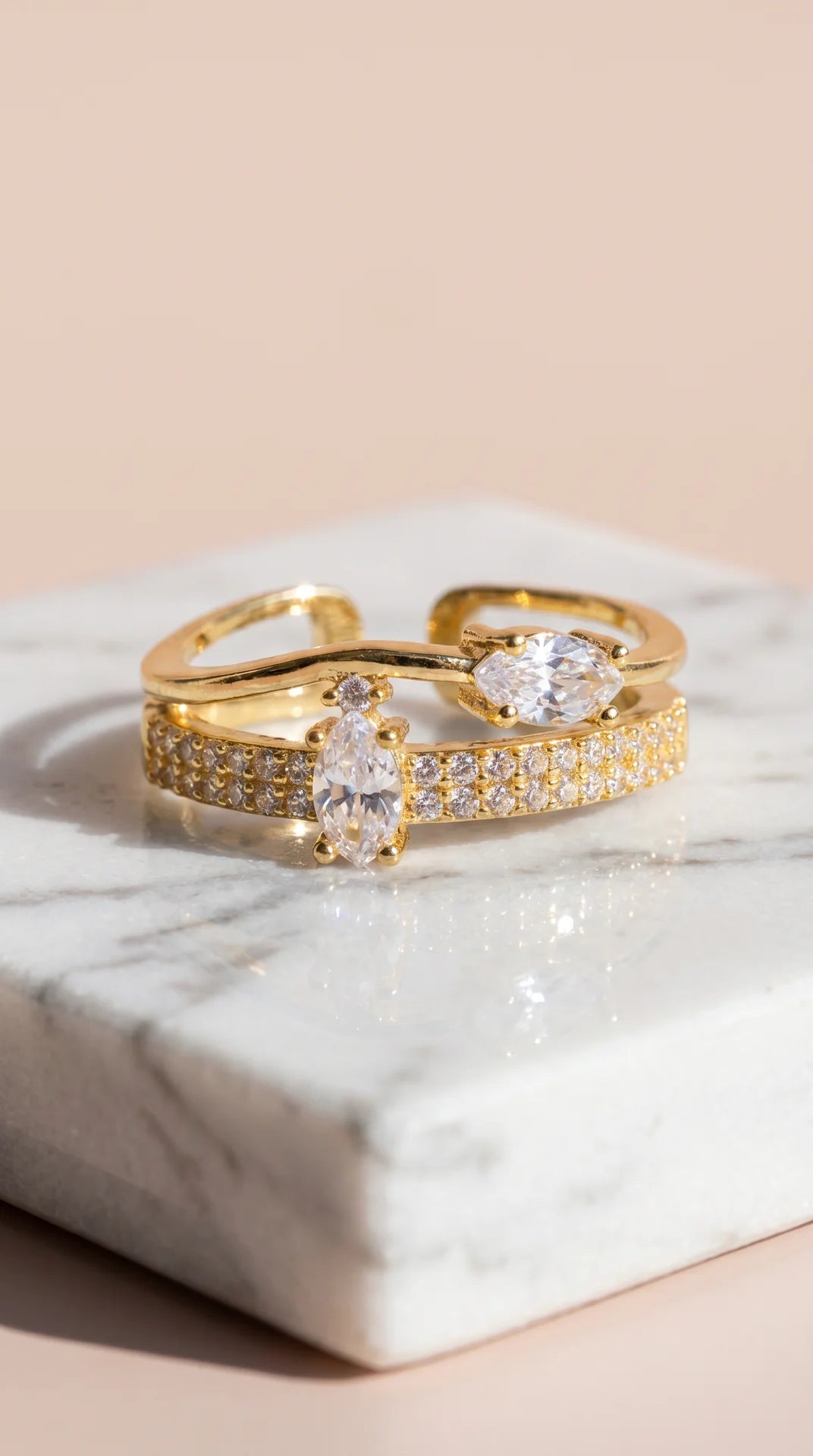 Box Of 12 Crystal Free Size Gold Plated Adjustable Statement Rings