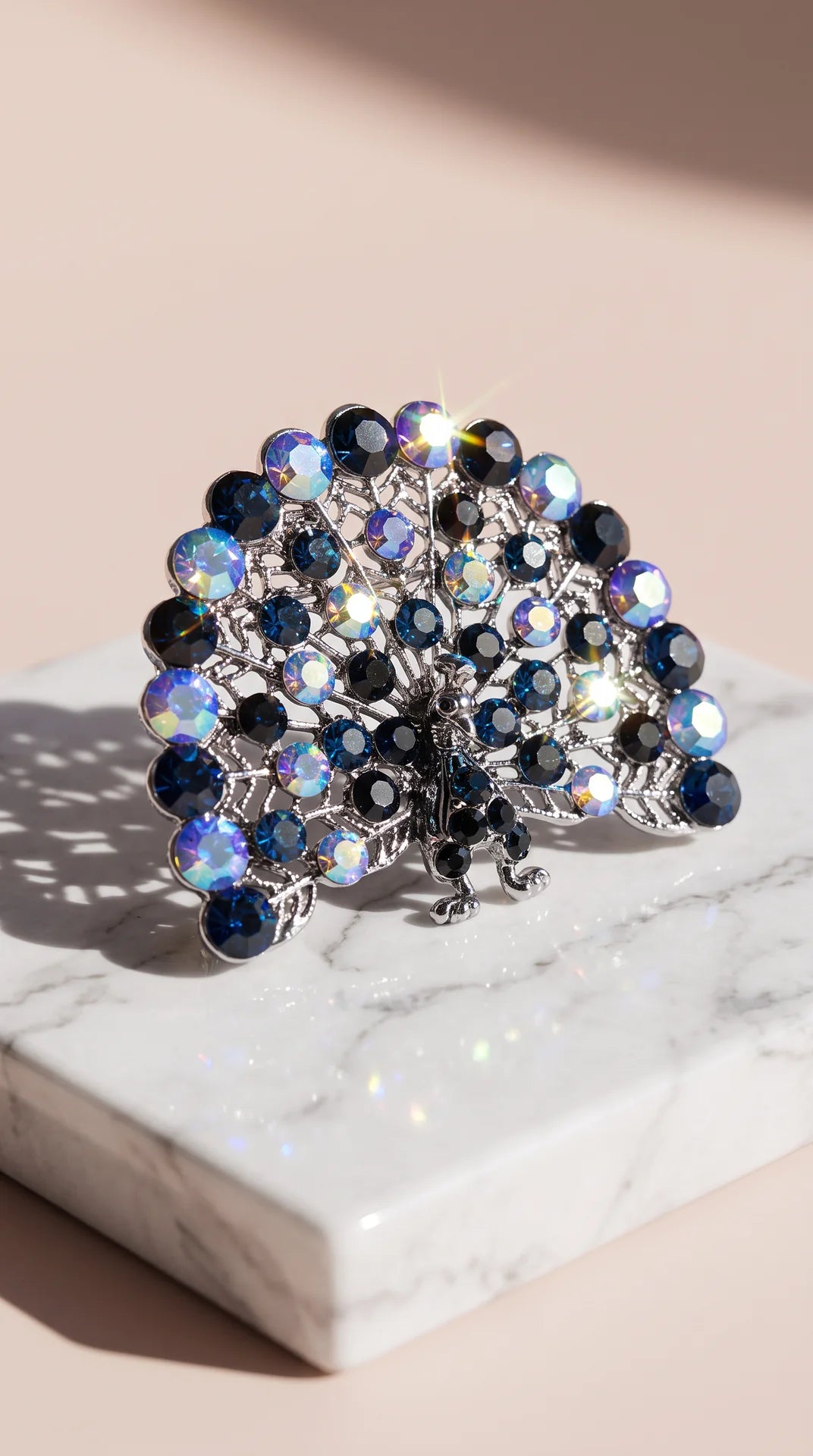 Pink and Blue Crystal Peacock Brooch