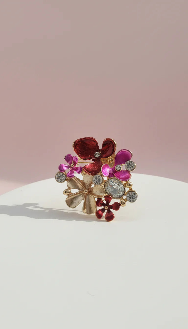 Floral Crystal Cluster Magnetic Enamel Brooch