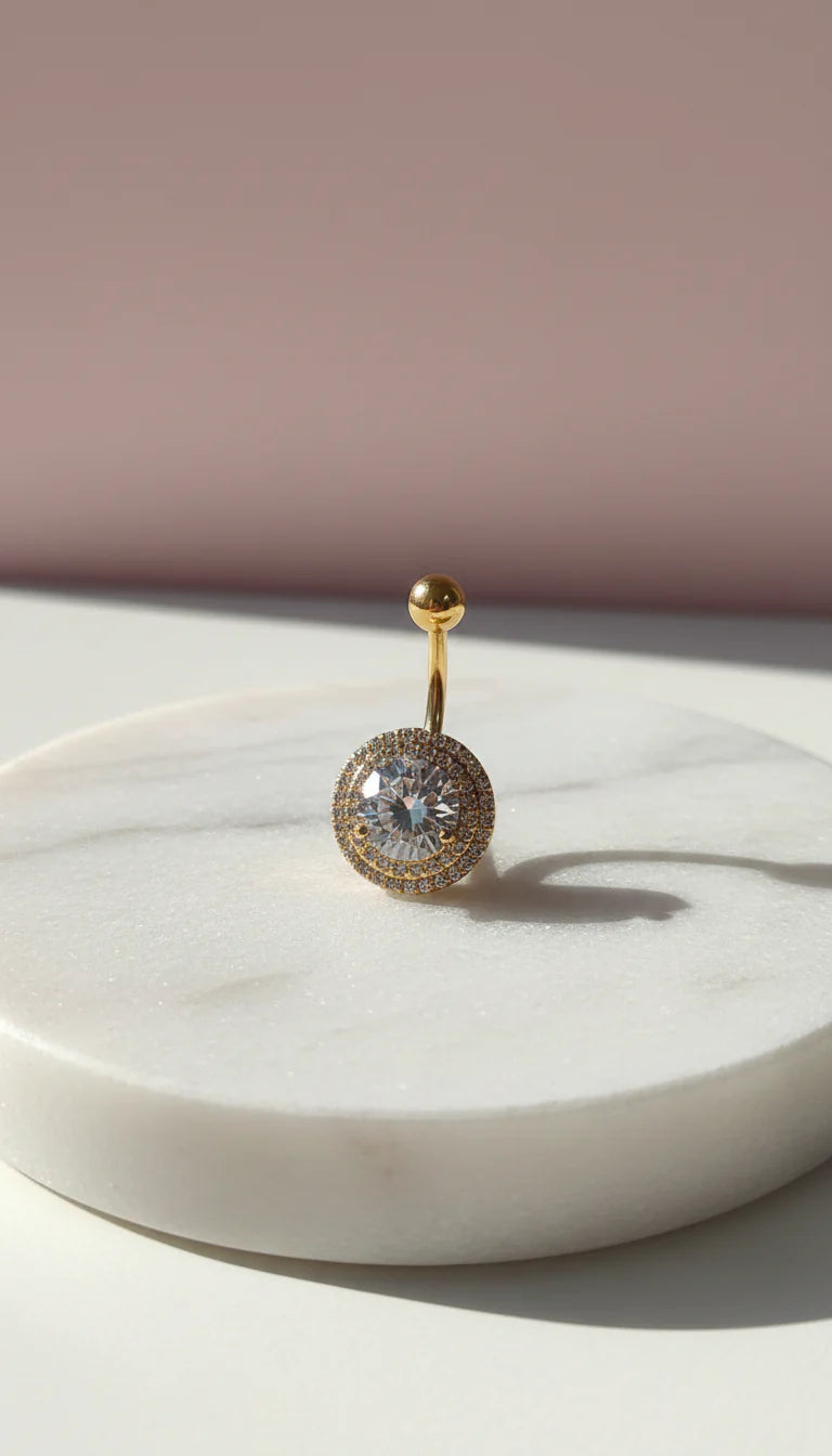Round Cut Gold Plated Stainless Steel Crystal Belly Bar