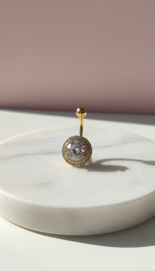 Round Cut Gold Plated Stainless Steel Crystal Belly Bar