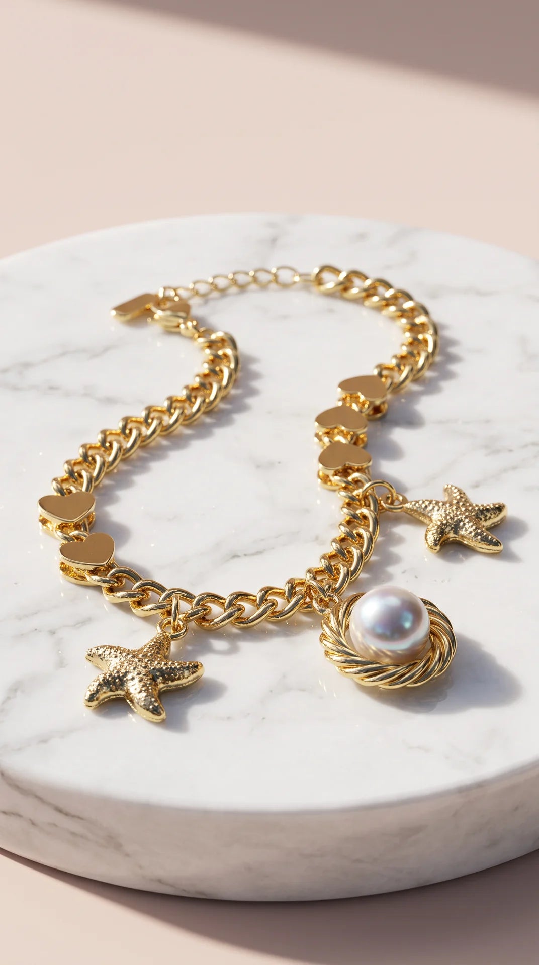 Starfish & Pearl Gold Plated Charm Bracelet