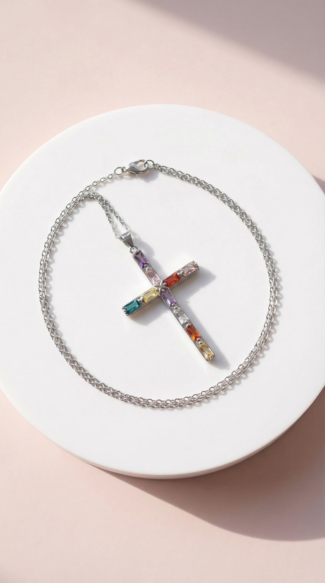 Rainbow Baguette Cut Crystal Cross Stainless Steel Necklace
