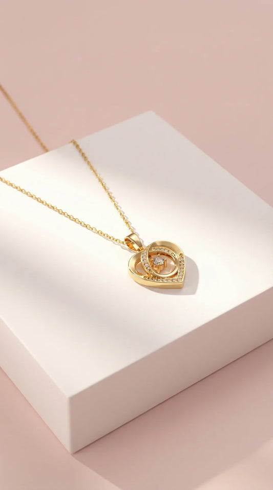 Layered Crystal Heart Stainless Steel Gold Plated Pendant Necklace