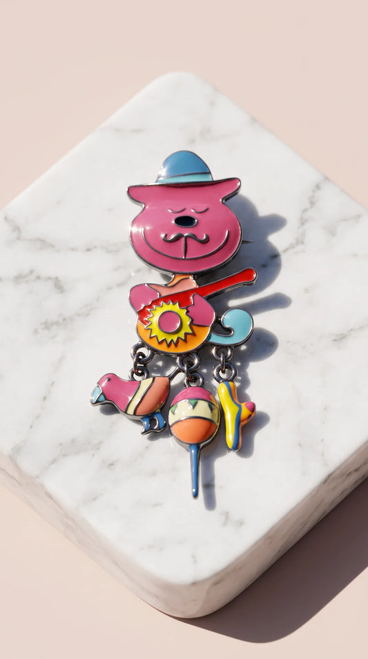 Enamel Mexican Cat & Banjo Brooch Pin