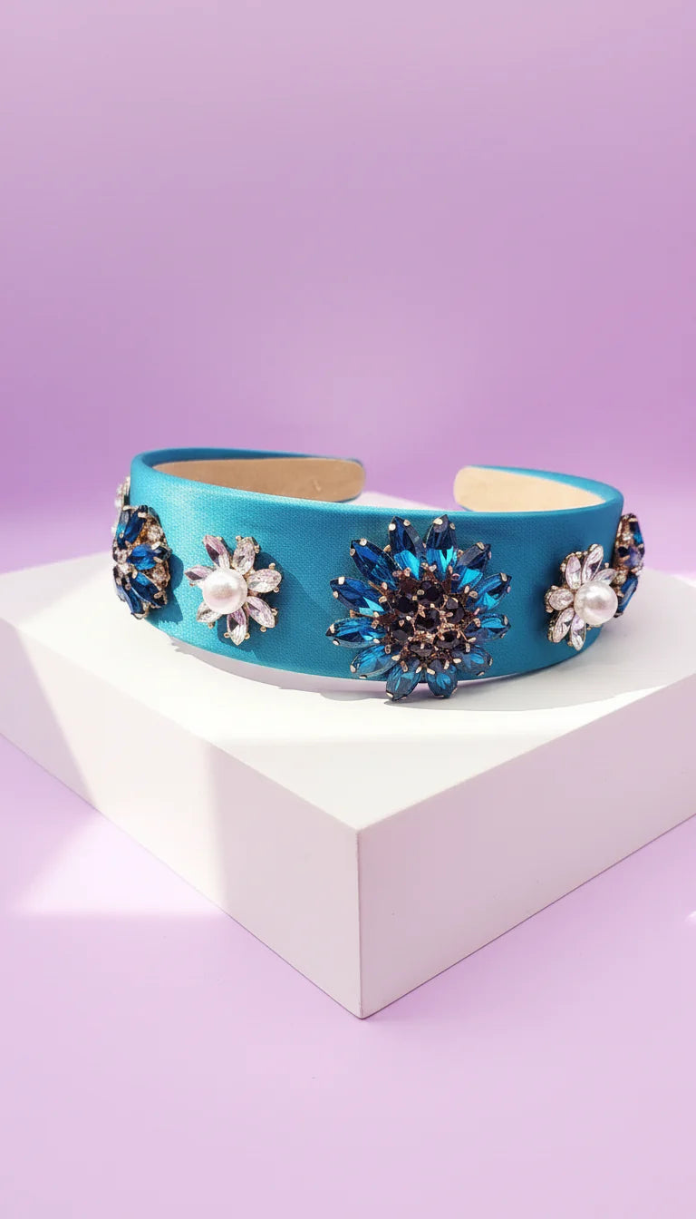 Crystal Flower & Pearls Satin Hair band