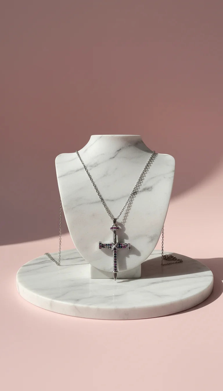 Stainless Steel Rainbow Crystal Cross Necklace