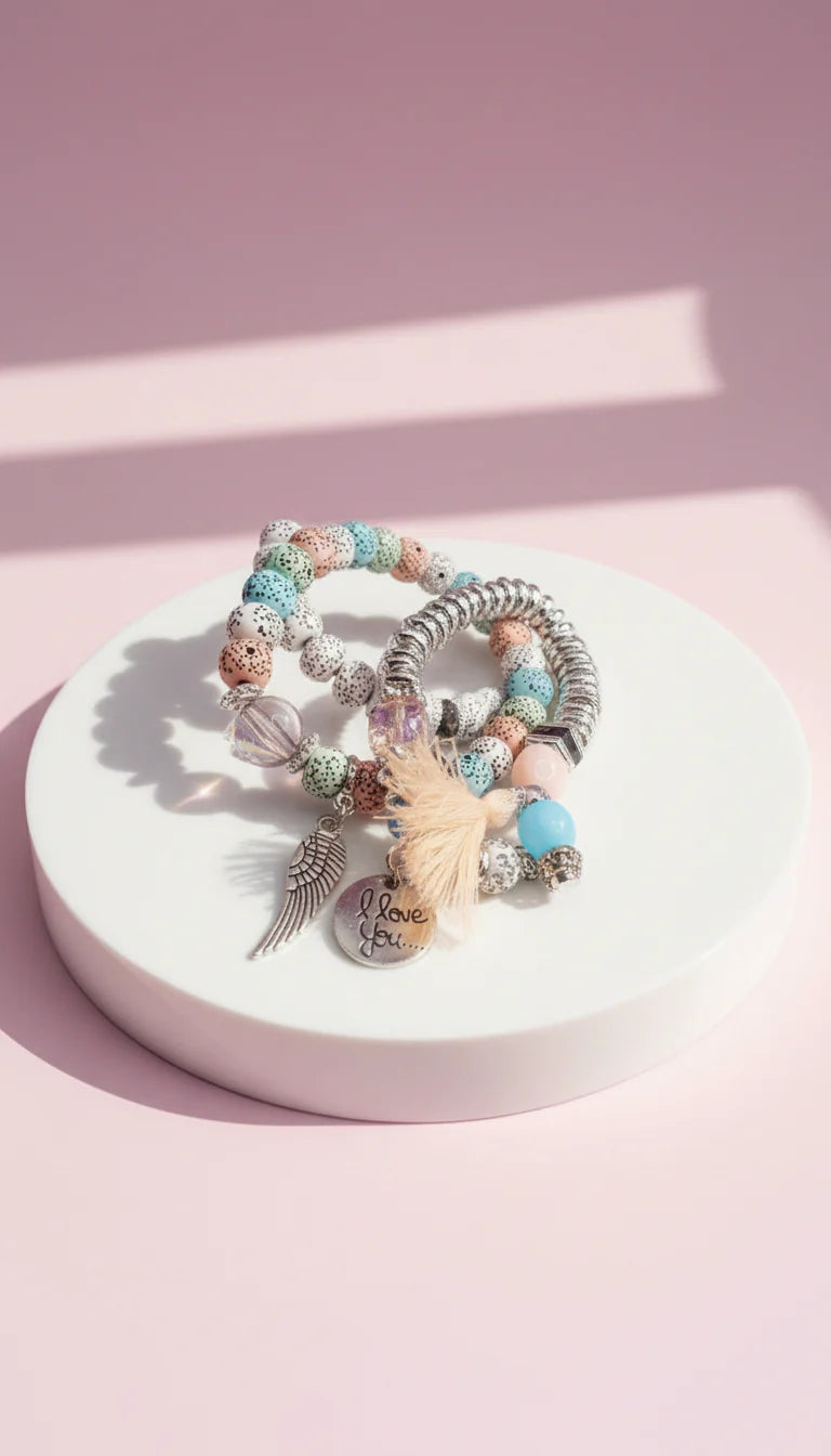 Wings & Tassel Ceramic Charm Beaded Bracelet Set