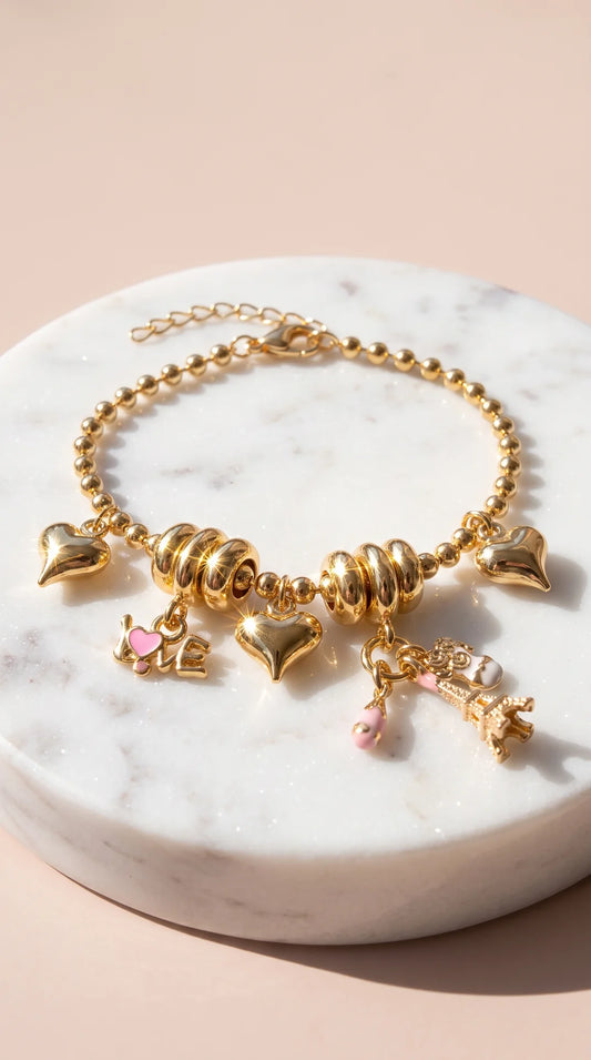 Parisian Love & Heart Charm Gold Plated Bracelet