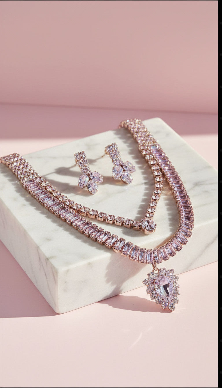 Crystal Baguette Cut Layered Necklace & Earrings Set