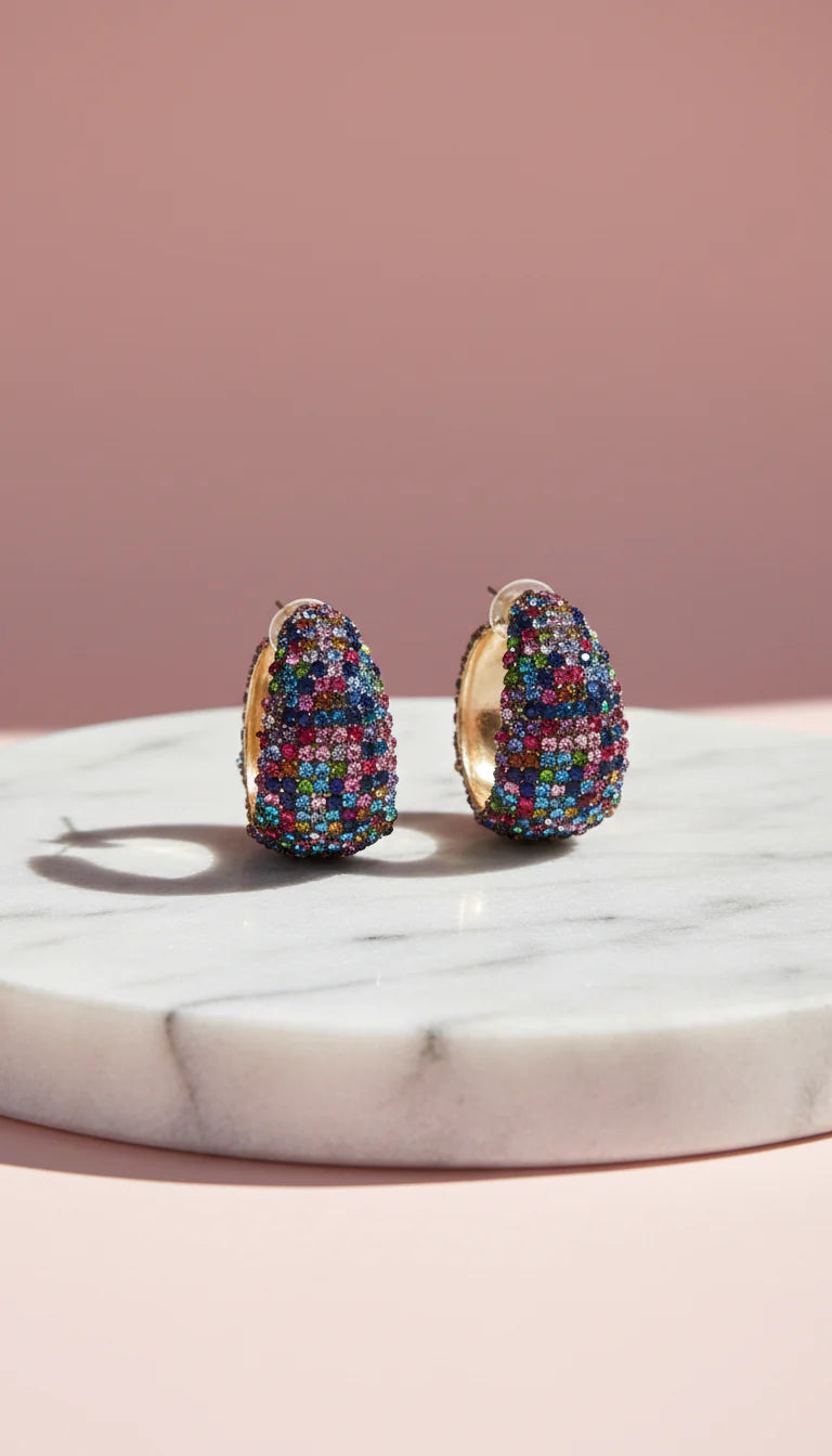 Rainbow Chunky Crystal Huggie Earrings