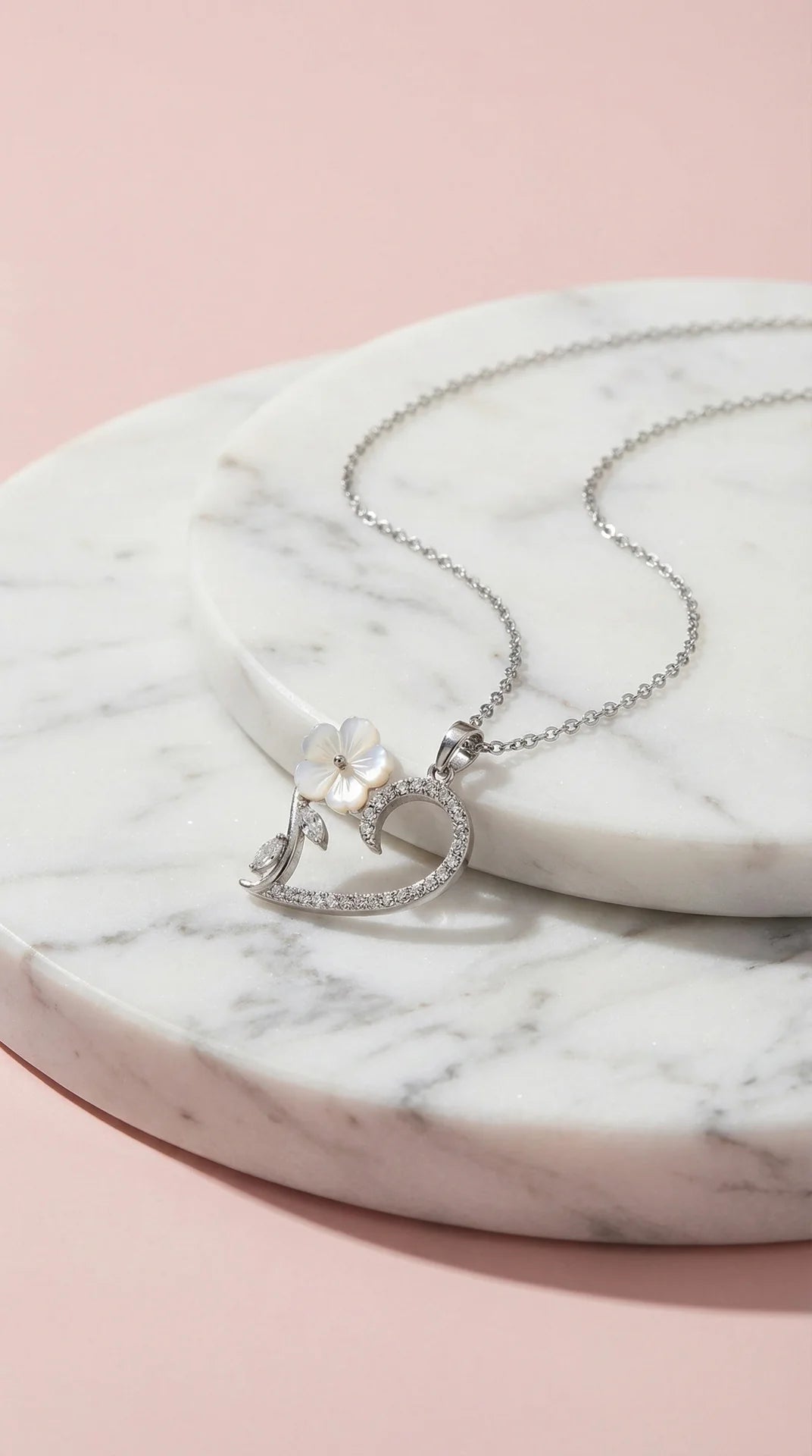 Heart & Flower Crystal Pendant Stainless Steel Gold Plated Necklace