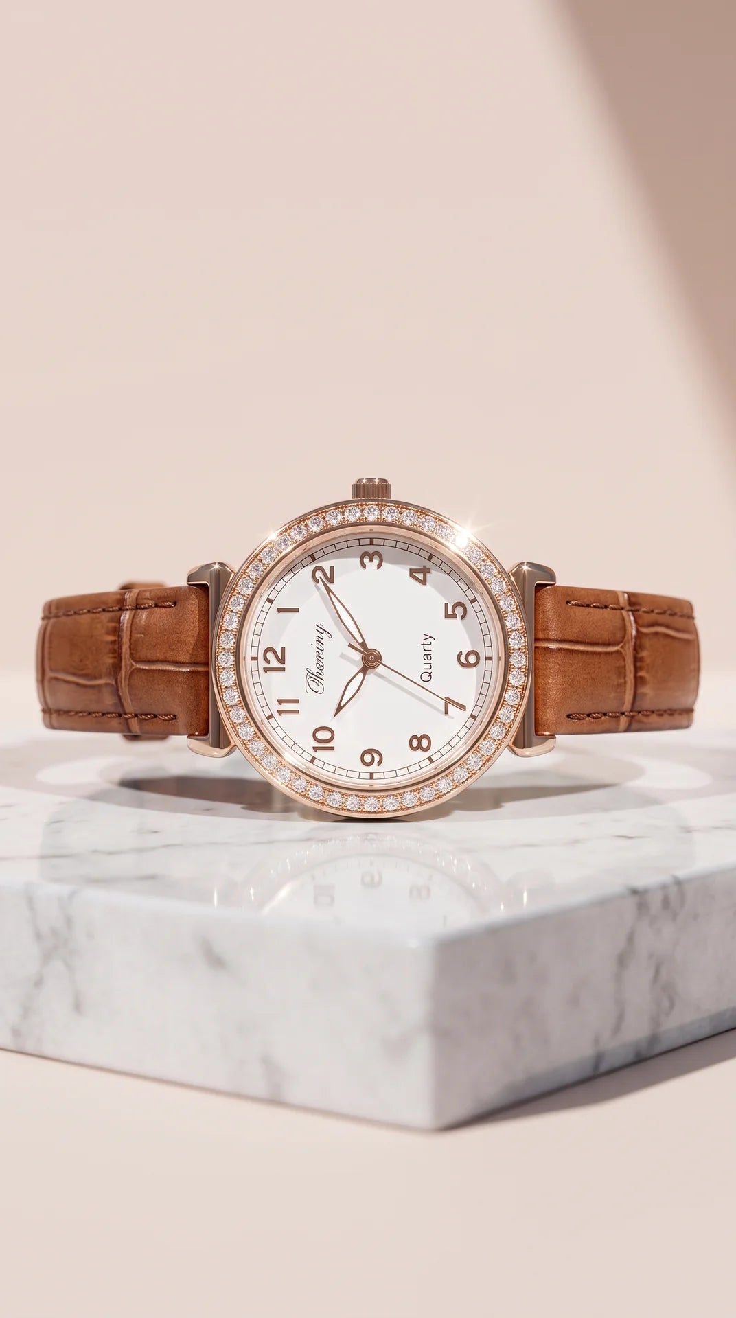 Crystal Bezel Leather Strap Watch