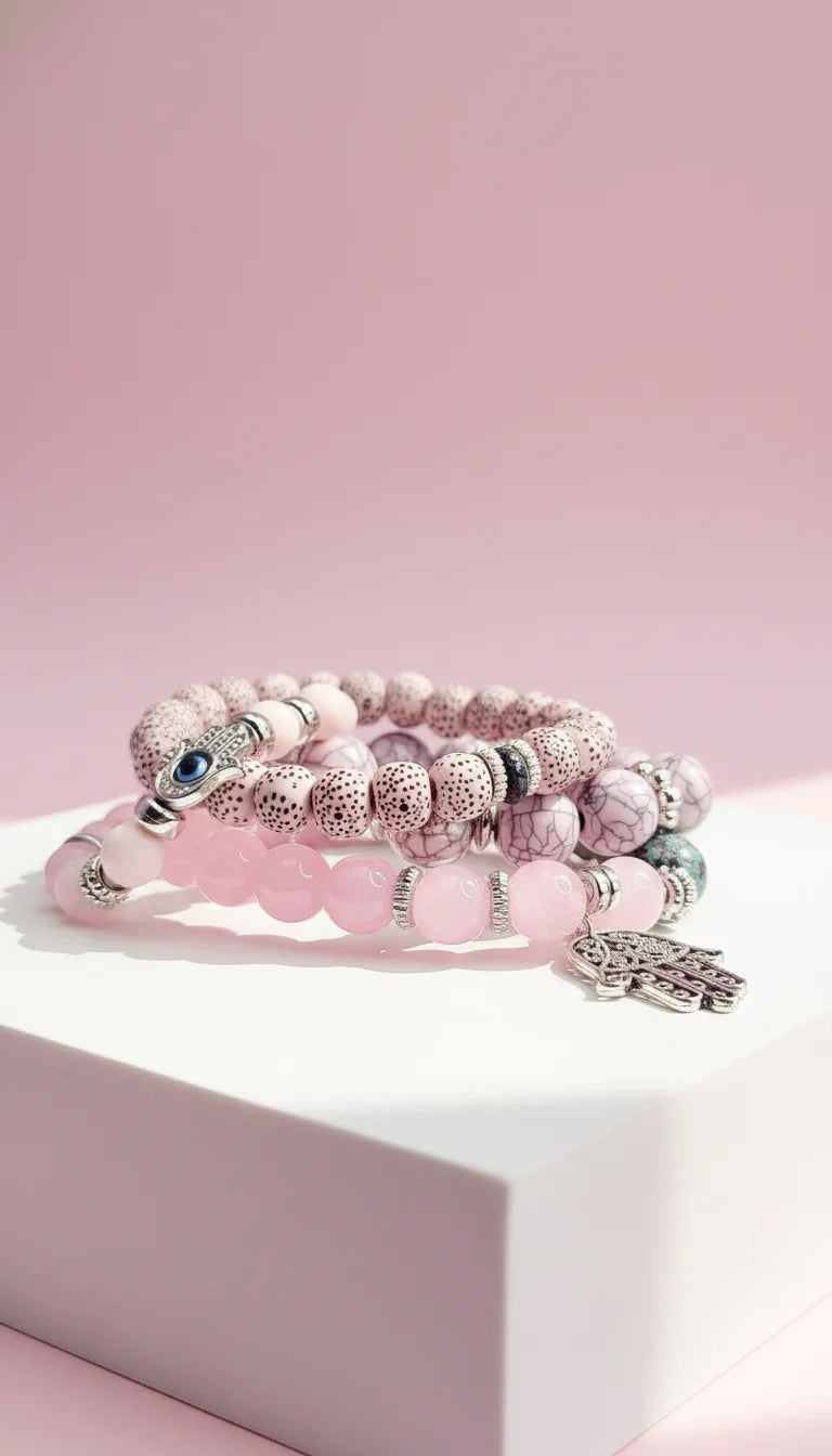 Silver Hamsa Charm Ceramic Beaded Bracelet Set