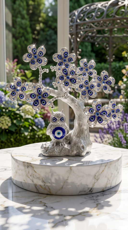 Silver Owl Evil Eye Tree With Gift Box