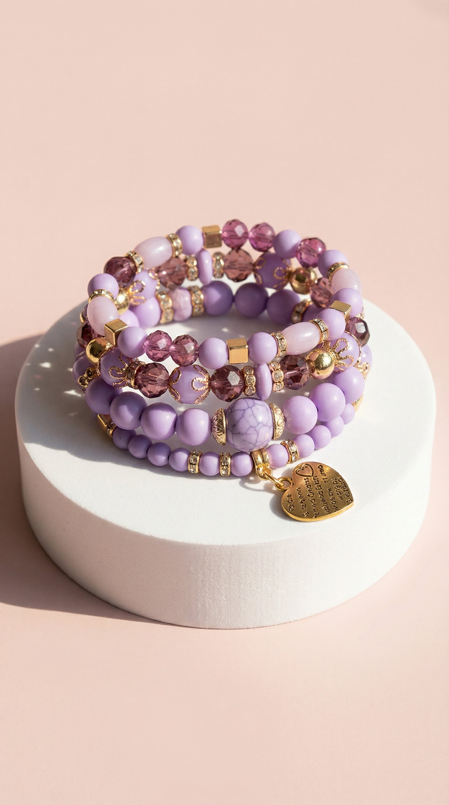 Heart Charm Ceramic Beaded Bracelet Set