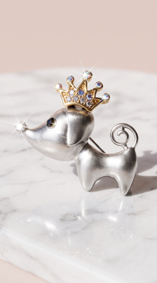 Silver Sausage Dog Dachshund Crown Crystal Brooch Pin