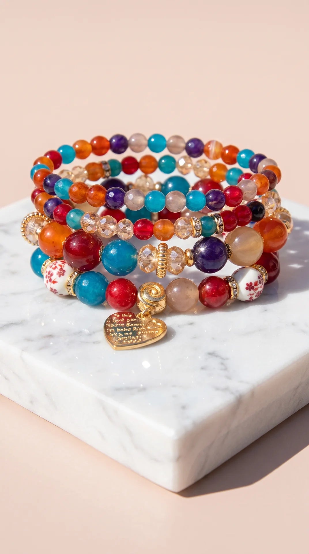 Gold Heart Charm Beaded Bracelet Stacking Set