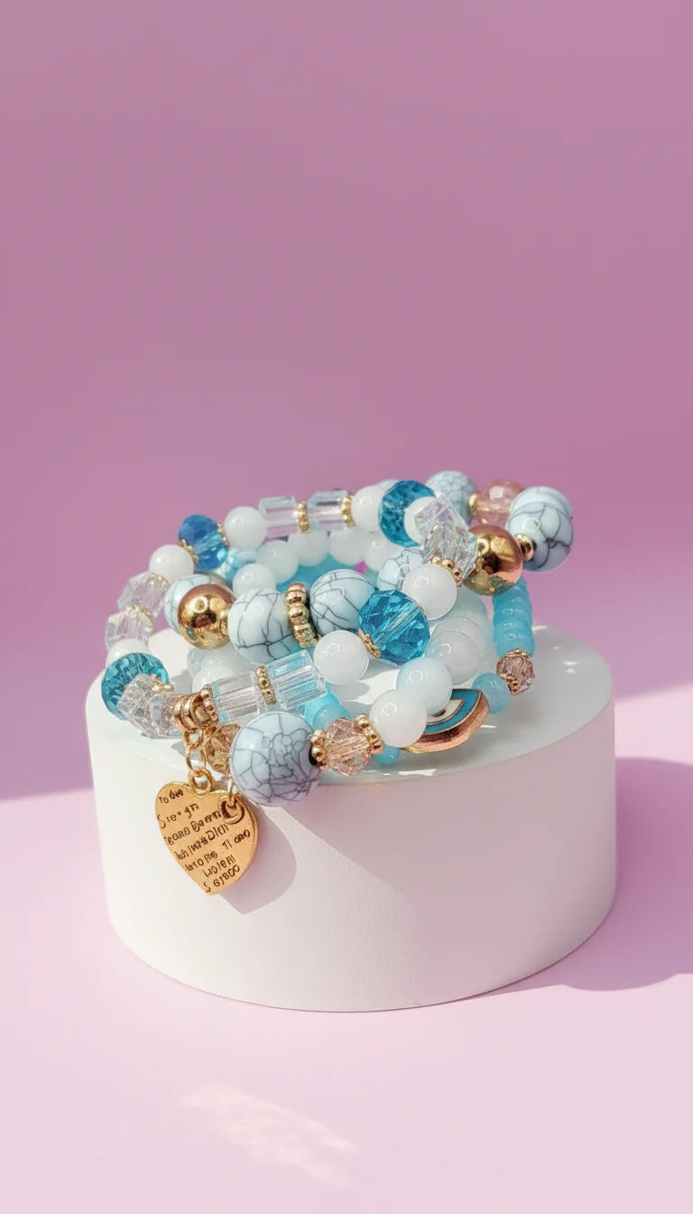 Evil Eye & Heart Charm Ceramic Beaded Bracelet Set