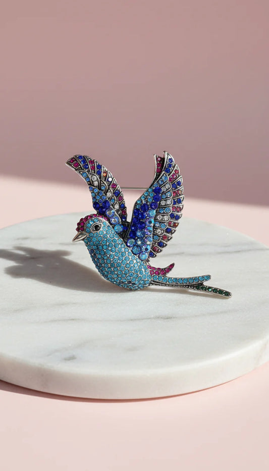 Blue Tropical Bird Crystal Brooch Pin